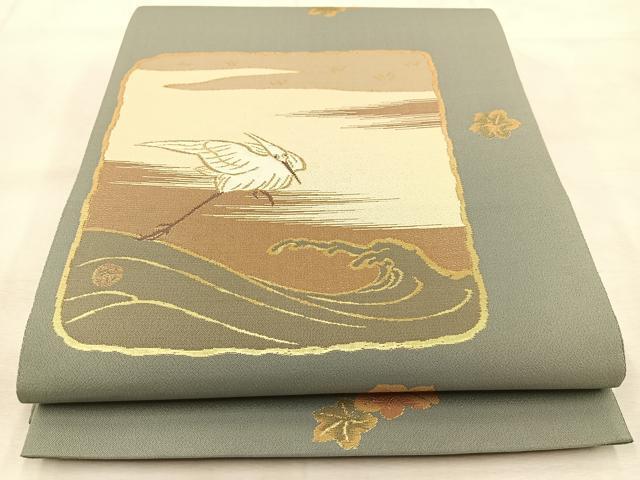 Kimono belt for Kimono 六通柄袋帯　波に白さぎ　金糸　正絹