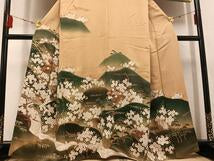 Kimono Silk 駒刺繍　扇面草花文　暈し染め　金銀彩　正絹
