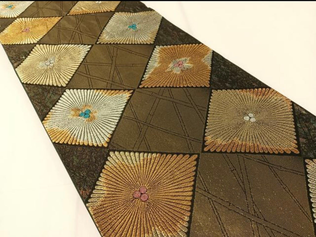 Kimono belt For Kimono 六通柄袋帯　竹並び菱松葉　金銀糸　引箔　正絹　