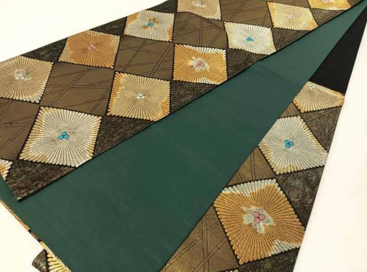 Kimono belt For Kimono 六通柄袋帯　竹並び菱松葉　金銀糸　引箔　正絹　
