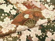 Kimono Silk 駒刺繍　扇面草花文　暈し染め　金銀彩　正絹