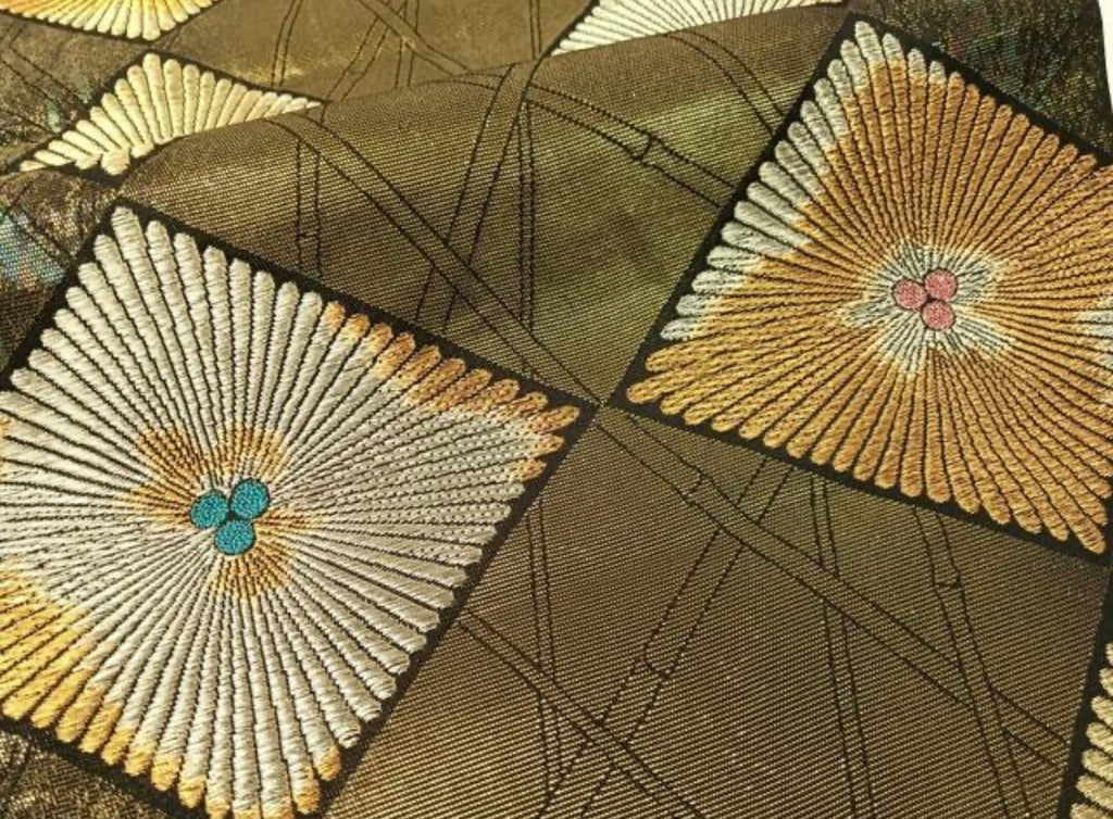 Kimono belt For Kimono 六通柄袋帯　竹並び菱松葉　金銀糸　引箔　正絹　