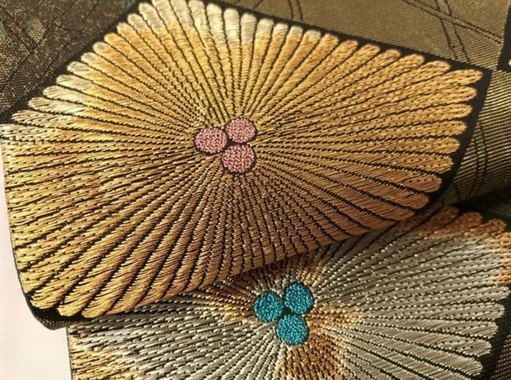 Kimono belt For Kimono 六通柄袋帯　竹並び菱松葉　金銀糸　引箔　正絹　