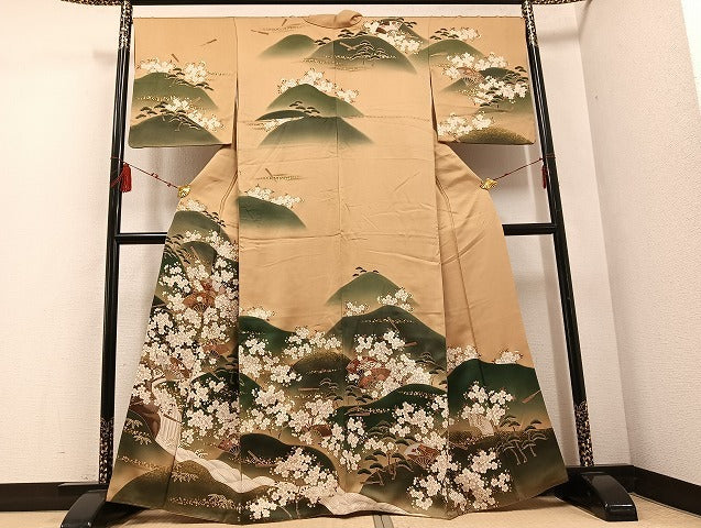 Kimono Silk 駒刺繍　扇面草花文　暈し染め　金銀彩　正絹