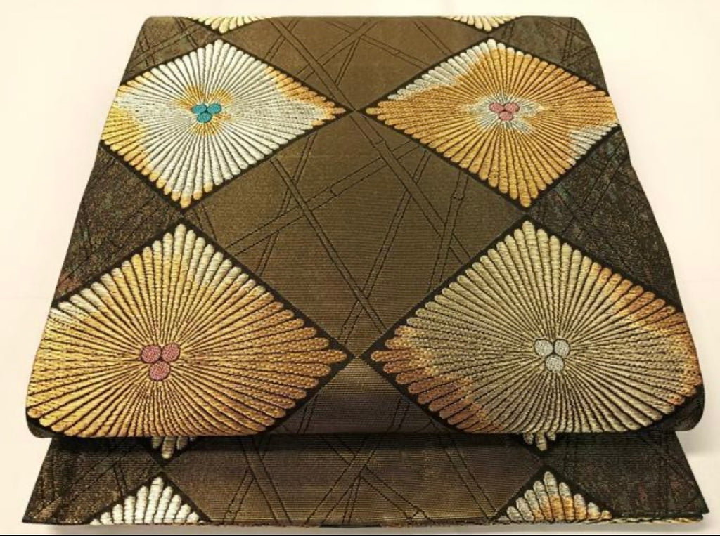 Kimono belt For Kimono 六通柄袋帯　竹並び菱松葉　金銀糸　引箔　正絹　