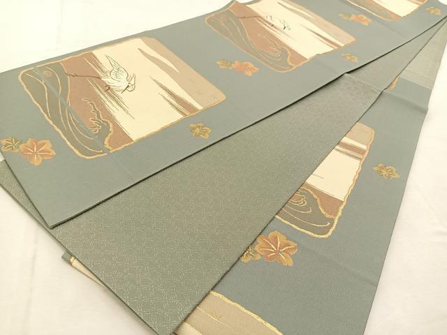 Kimono belt for Kimono 六通柄袋帯　波に白さぎ　金糸　正絹