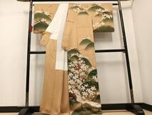 Kimono Silk 駒刺繍　扇面草花文　暈し染め　金銀彩　正絹