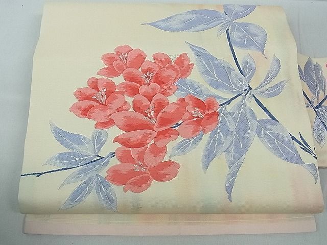 Kimono Belt OBI 九寸名古屋帯　唐織　枝花文　銀糸