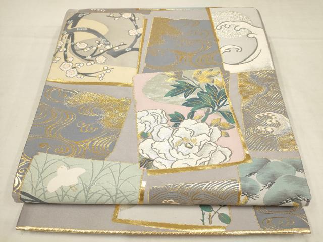 Kimono Belt Obi 六通柄袋帯　伝統の美　紹 琳派逍遥　色紙花鳥文　金銀糸　正絹