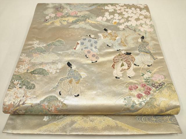Kimono Belt Obi 六通柄袋帯　銀銹錦　吉野遊楽図　金銀糸　正絹
