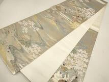 Kimono Belt Obi 六通柄袋帯　銀銹錦　吉野遊楽図　金銀糸　正絹