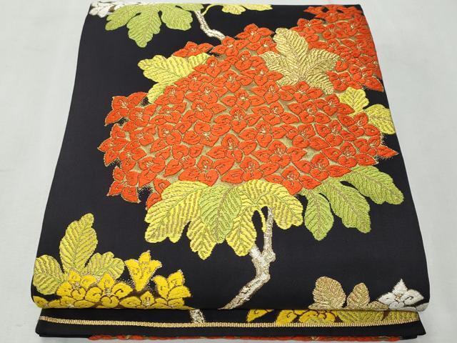 Kimono Belt Obi 六通柄袋帯　唐織　枝花文　黒地　金糸　正絹