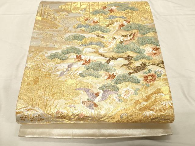 Kimono Belt Obi 西陣　六通柄袋帯　飛鶴草花文　金銀糸　正絹