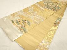 Kimono Belt Obi 西陣　六通柄袋帯　飛鶴草花文　金銀糸　正絹