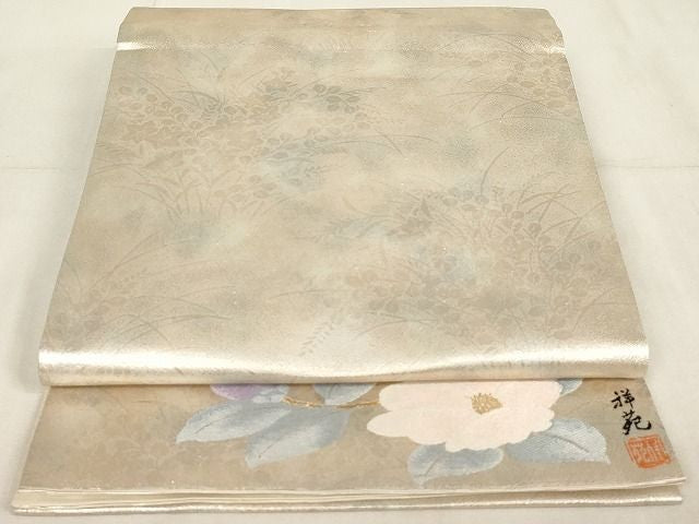 Kimono Belt Obi 全通柄袋帯　作家物　祥苑　草花文　銀糸　正絹