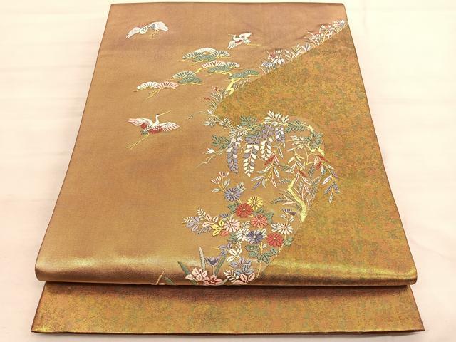 Kimono Belt Obi 西陣　高島織物　太鼓柄袋帯　唐織　飛鶴花文　青銅箔　正絹　