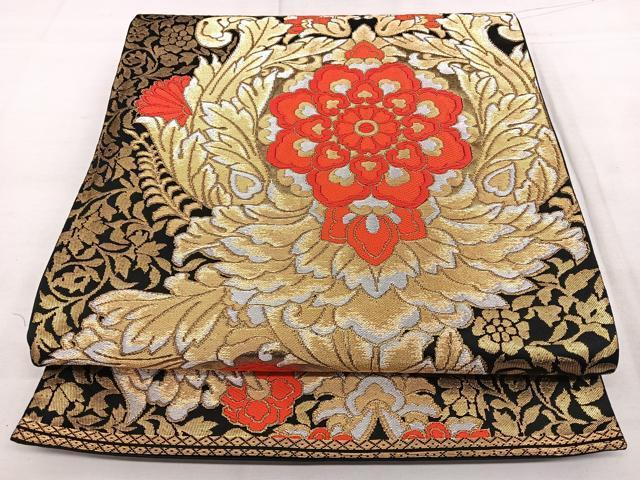 Kimono Belt Obi 西陣　服部織物謹製　六通柄袋帯　新白鳥緞子　黒地　金銀糸　正絹　