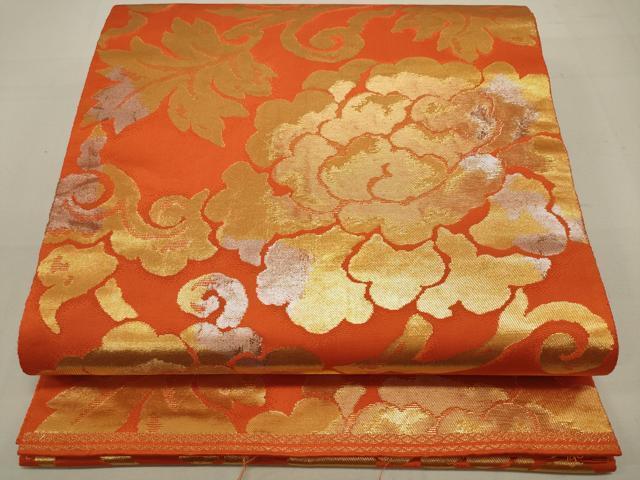 Kimono Belt Obi 西陣　服部織物謹製　六通柄袋帯　こはく錦　牡丹文　金銀糸　正絹