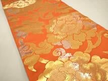Kimono Belt Obi 西陣　服部織物謹製　六通柄袋帯　こはく錦　牡丹文　金銀糸　正絹