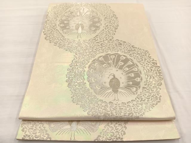 Kimono Belt Obi 西陣　服部織物謹製　六通柄袋帯　こはく錦　手工芸　孔雀花文　銀糸　正絹