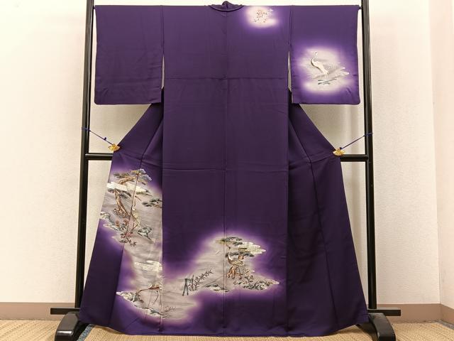 Kimono 群鶴浜松文　暈し染め　金銀彩　正絹