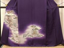 Kimono 群鶴浜松文　暈し染め　金銀彩　正絹