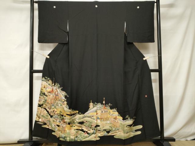 Kimono 豪華黒留袖　作家物　駒刺繍　鉾　人物風景文　暈し染め　金銀彩　正絹　
