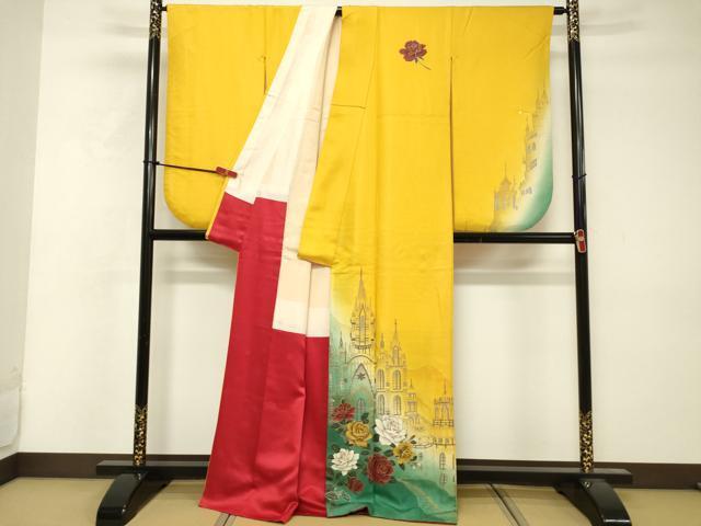 Kimono 小振袖　二尺袖　薔薇　バラ　西洋風景　暈し染め　金銀彩　正絹