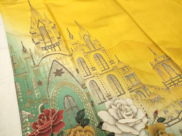 Kimono 小振袖　二尺袖　薔薇　バラ　西洋風景　暈し染め　金銀彩　正絹